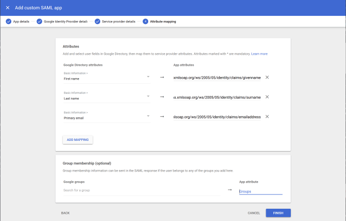 Google SAML 2.0 Configuration - Attribute Mapping
