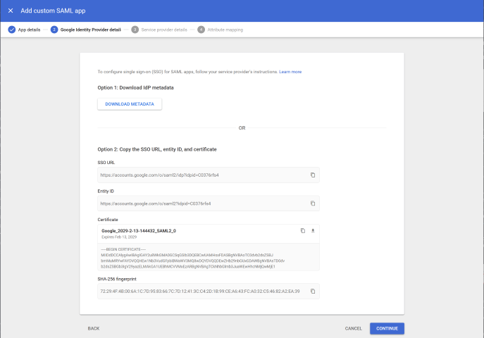 Google SAML 2.0 Configuration - Idp Details