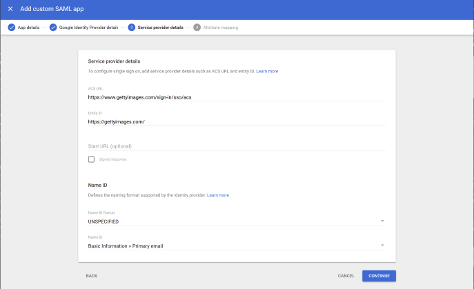 Google SAML 2.0 Configuration - SP Details
