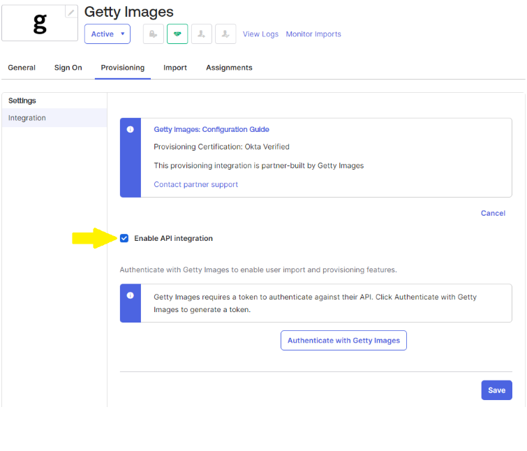 Okta Provisioning Configuration - Authenticate with Getty Images